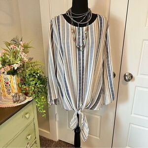 New Directions Blue Tan White Stripe Tie Front Blouse Sz XL Coastal Career